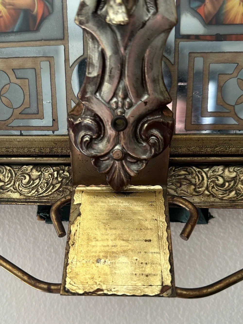 Catholic Antique Ornate Framed Reverse Painted Mirror Shrine With Crucifix